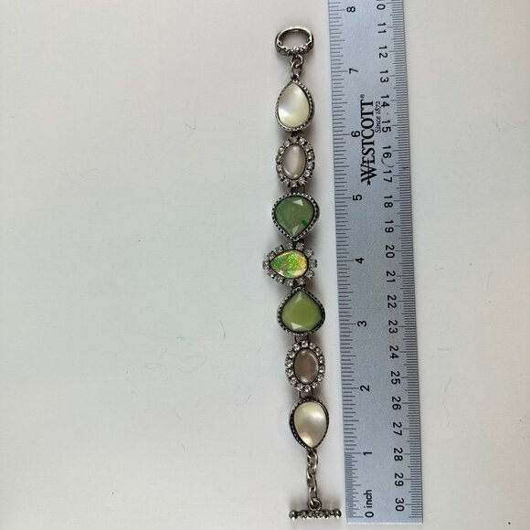 Silver Tone Toggle 7.5" Bracelet Green & White with Rhinestones - Picture 3 of 3